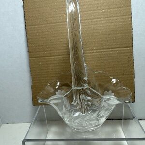 Vintage cut Crystal glass etched flower pattern basket with handle